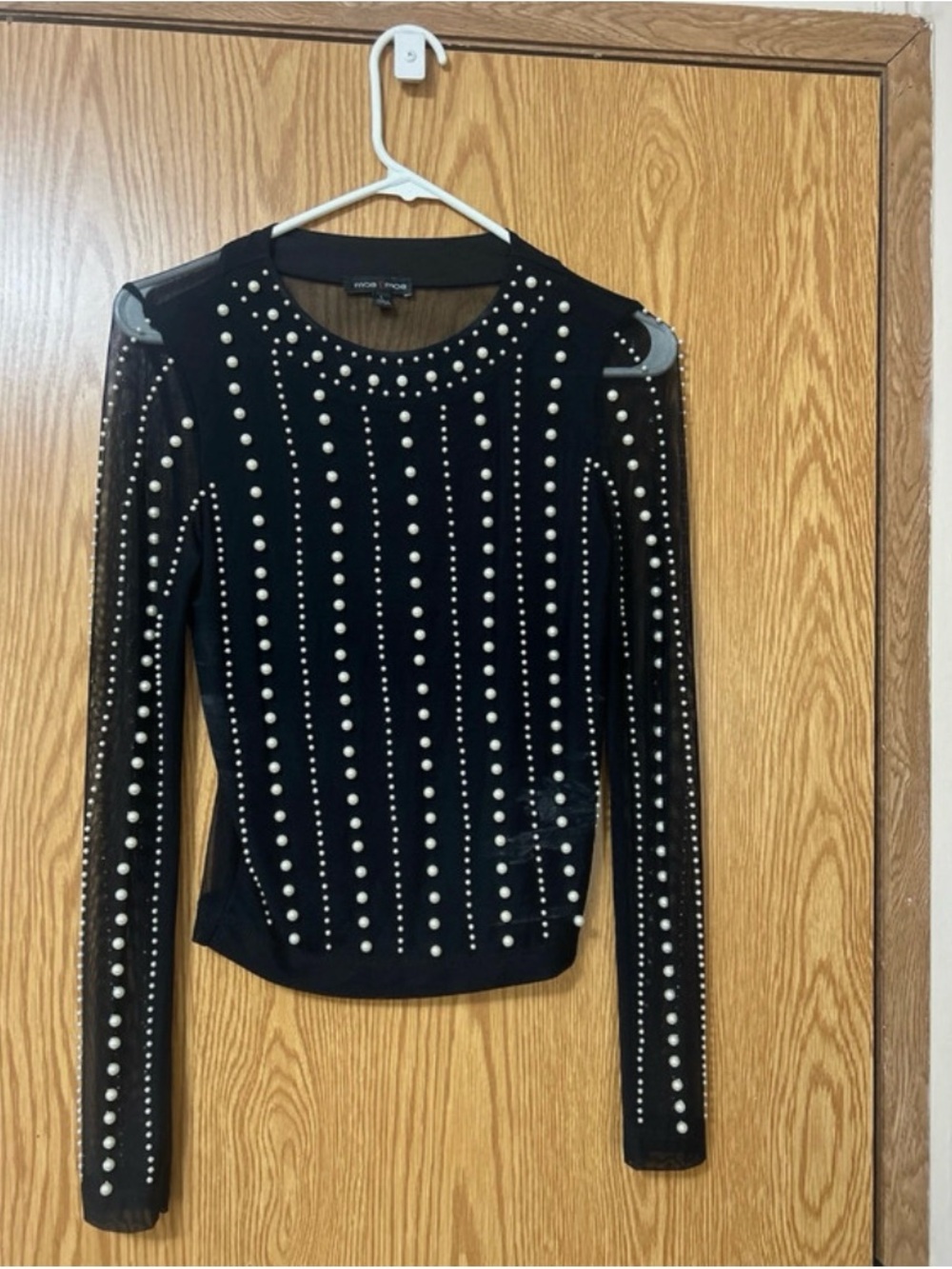 Kensie Black Long-Sleeve Pearl & Stud Detail Top